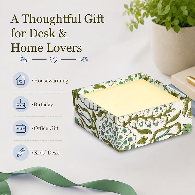 CPC Agate Green Block Print Desk Organizer Memo Note Pad Holder | Cute, Aesthetic, Decor Accessories, Workspace Organizers, Caddy Storage, Gift for Office, Professionals, Student