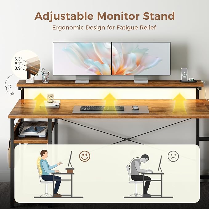 AODK 61 Inch L Shaped Computer Desk with 4 Drawers, LED Lights, Vintage | Power Outlets, Adjustable Monitor Stand, Open Storage Shelves, Reversible Layout for Gaming and Home Office