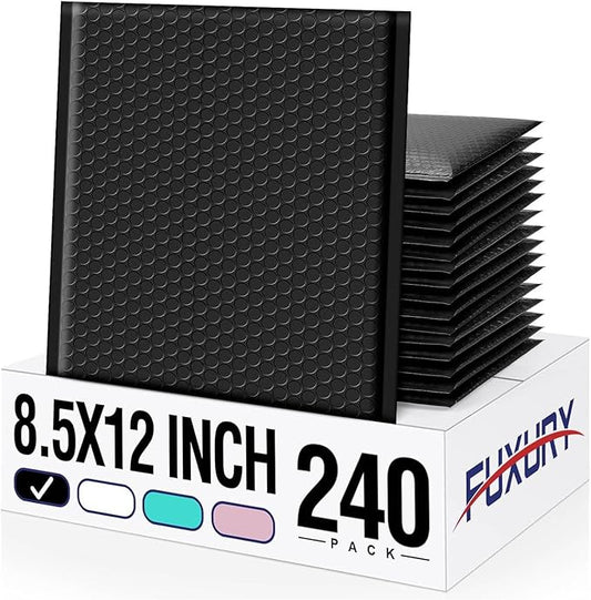 Fuxury Black Bubble Mailers 8.5x12" 240 Pack Medium Padded Envelopes Opaque #2 Bubble Mailer Usable Size 8x11" Thick Padded Mailers for Small Business Mailing Books Clothes Makeup Supplies