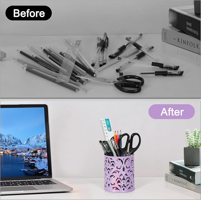 EasyPAG Purple Pen Holder for Desk, 2 Pack Round Pen Organizer, Brush Holder for Vanity, Metal Pencil Cup Organizer for Home, Office, Classroom, School