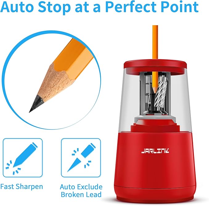 JARLINK Electric Pencil Sharpener, Heavy-Duty Helical Blade to Fast Sharpen, Auto Stop for No.2/Colored Pencils(6-8mm), USB/Battery Operated in School Classroom/Office/Home (Red)