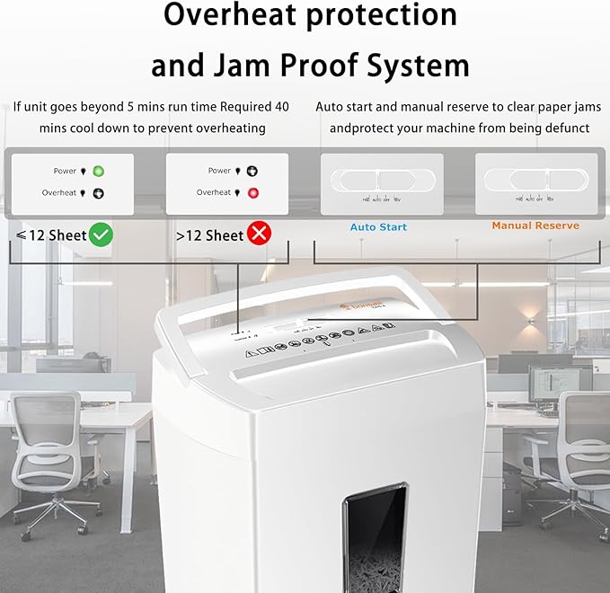 Bonsaii 12-Sheet Crosscut Paper Shredder for Home Office, P-4 Security, 5-Minute Continuous Run Time, Overheat Protection, 5.5-Gallon Bin with Clear Window & Handle, Compact White Design