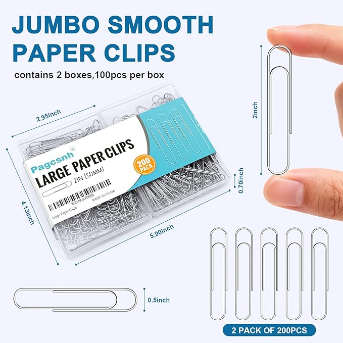 200 Pack 2In Jumbo Heavy Duty Paper Clips, Large Stainless Steel PaperClips for Thick Documents, Reports, Office, School, and Home Organizing