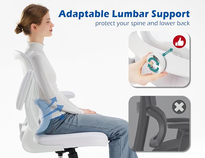 TRALT Ergonomic Office Chair Desk Chair with Adjustable Lumbar Support | Desk Chair Comfy with Flip-up Armrests Ergonomic Chair - Mesh Computer Chairs for Adults, 330lbs, PU Leather (White, 1)