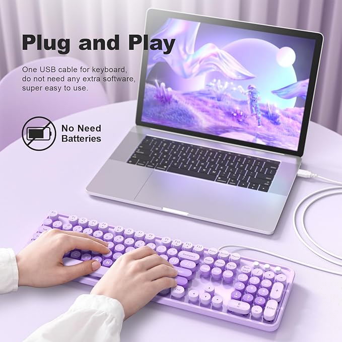 Computer Keyboard Wired, Plug and Play USB Retro Round Typewriter Keyboard, Full Size Wired Keyboard with Foldable Stands for Laptop and Office PC
