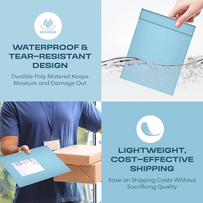 Light Blue Bubble Mailers 12x15, Self Seal Poly Padded Envelopes, 100 Pack | Holds Clothing & Bulk Items, No Tape Needed, Cushioned Protection, Water-Resistant Poly, Bulk Pack for Small Business