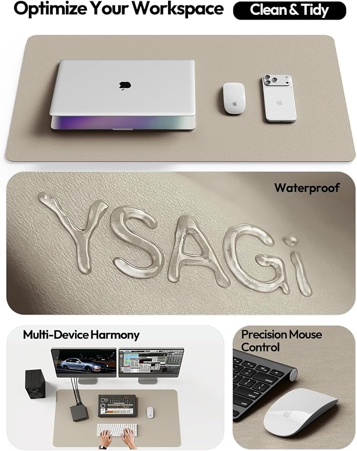 YSAGi Leather Desk Pad Protector, Office Desk Mat, Large Mouse Pad, Non-Slip PU Leather Desk Blotter, Laptop Desk Pad, Waterproof Desk Writing Pad for Office and Home (Olive Beige, 23.6" x 13.8")