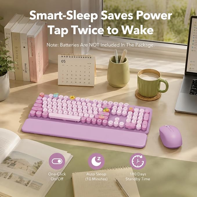 Wireless Keyboard and Mouse, Round Keycaps, Magnetic Wrist Rest, Lilac | Full-Size Retro Typewriter-Style Keyboard, Tilt Legs, Auto Sleep, 2.4GHz Cordless for MacOS, Windows PC, Laptop, SABLUTE