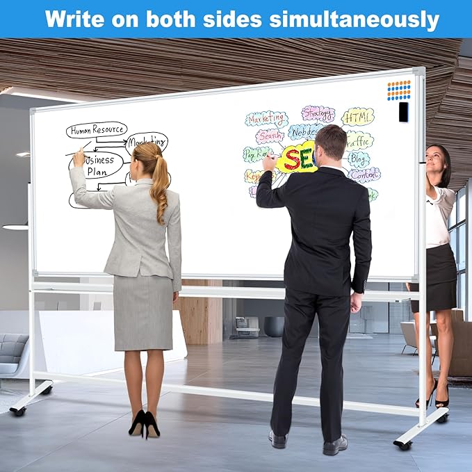Large Double-Sided Magnetic Mobile Whiteboard 96" x 48", Rolling Whiteboard on Wheels, 8' x 4' Dry Erase Board with Stand for Office, Classroom & Home, 3 Eraser, 6 Markers, 24 Magnets