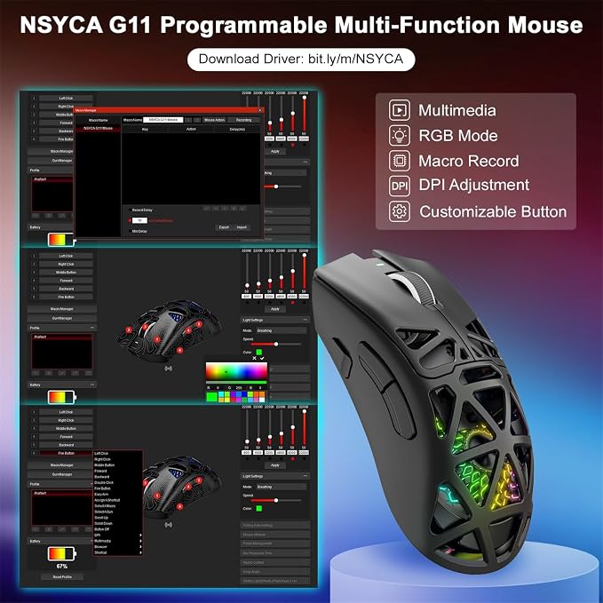 G11 Lightweight Wireless Gaming Mouse for FPS & Competitive Gaming, Tri-Mode Bluetooth 5.1/2.4GHz/USB-C, 22000 DPI RGB Mouse with Programmable Buttons for PC, Laptop & Mac (Black)