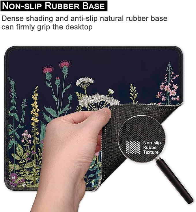 BOSOBO Mouse Pad, Square Anti-Slip Rubber Gaming Mousepad, Premium-Textured & Waterproof Mouse Mat with Stitched Edge, Cute Office Mouse Pads for Women Men Computer Laptop, 10" x 8", Black Flowers