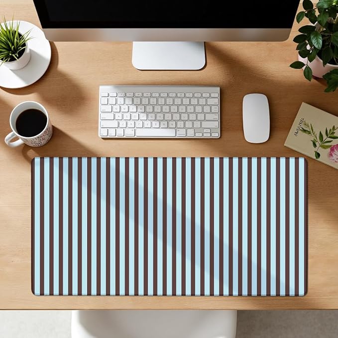 Dark Brown Blue Striped Desk Mat Cute Pastel XXL Large Gaming Mouse Pad Desk Pad Kawaii Cozy Aesthetic Keyboard Laptop Computer Mat Home Office Decor