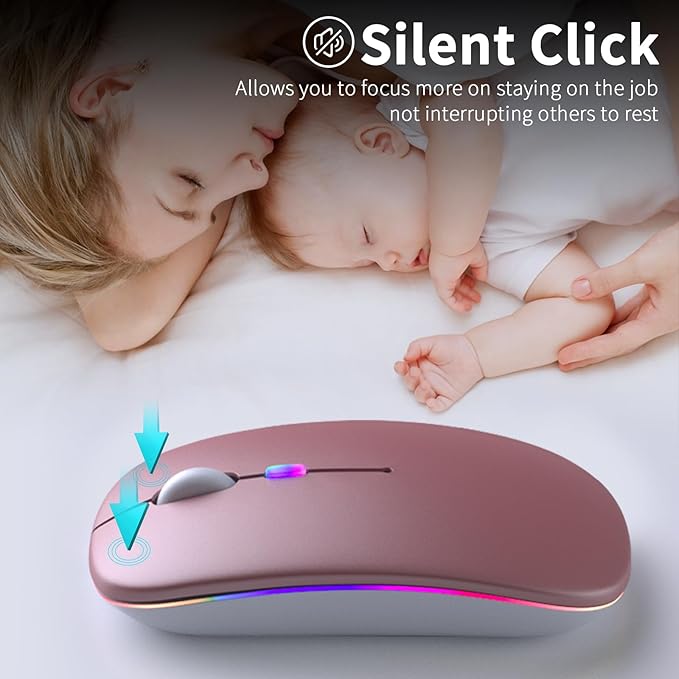 Wireless Bluetooth Mouse – Rechargeable, Silent, Dual Mode (Bluetooth 5.2 & USB) with LED Lights – Portable for Laptop, Desktop, & Tablet(Rose Gold)