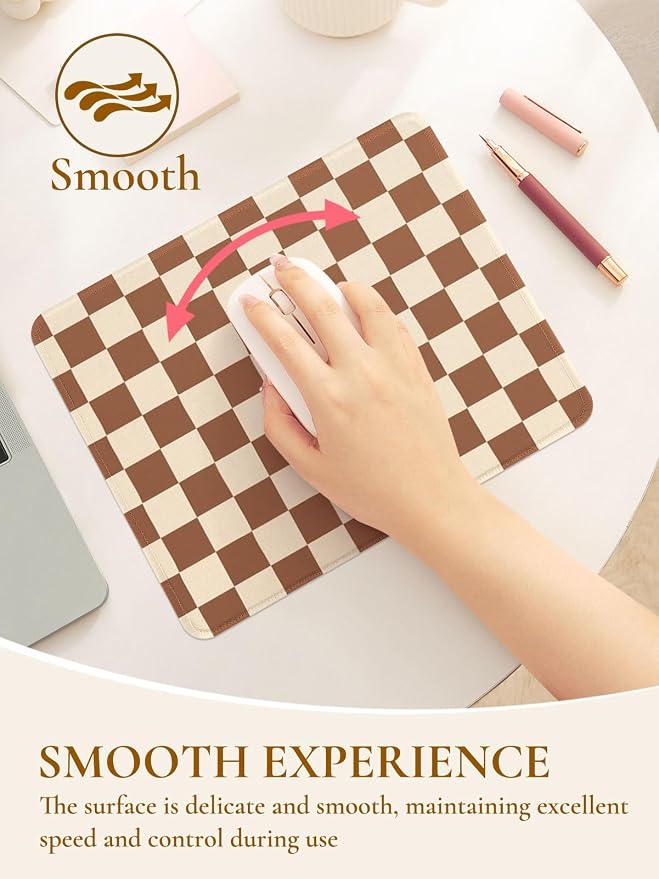 Cute Brown Mouse Pad,Retro Checkered Pattern Mousepad,Square Aesthetic Plaid Waterproof Grid Mouse Mat Design, Non-Slip Rubber Base Computer Funny Boho Small Mouse Pads, Desk Accessories