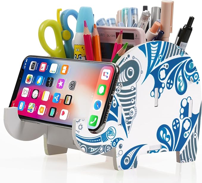 MOKANI Pen Pencil Holder for Desk Cute Elephant Gifts Desk Organizer Marker Makeup Brush Holders Workspace Organizers Office Decor Accessories with Phone Stand Christmas Gifts For Women Men Adults