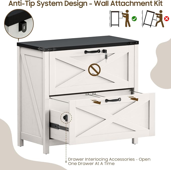 Befrases Farmhouse File Cabinet, Lateral Filing Cabinet with 2 Drawers with Lock for Letter/A4 Size Hanging Files, Large Wooden Printer Stand File Storage Cabinet for Home Office, White and Black