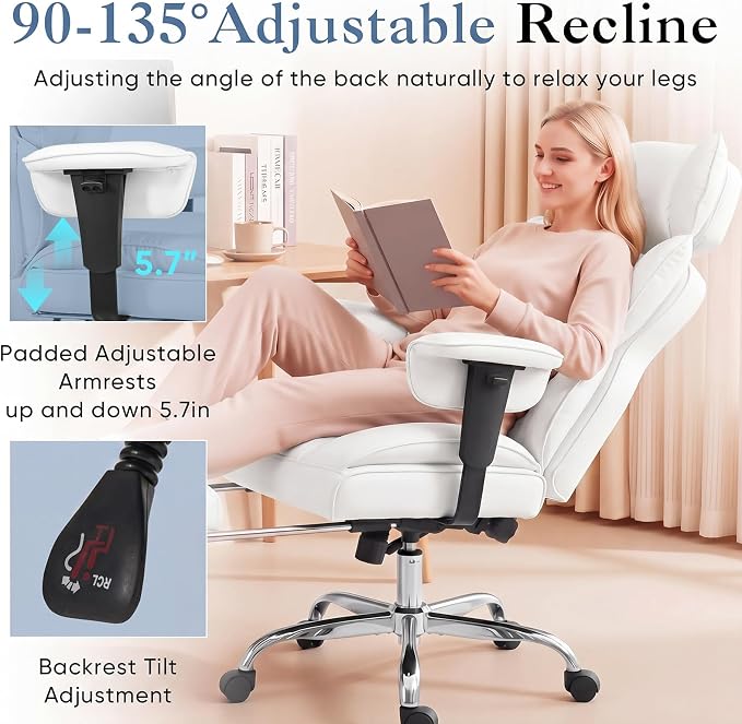 DUMOS Big and Tall Home Office Desk Chair, Executive Chair with Footrest | PU Leather, Ergonomic Comfy Lumbar Support, High Back Reclining, Adjustable Armrests, White