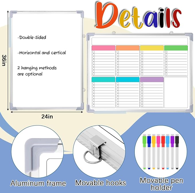 36" x 24" Magnetic to Do List Whiteboard, Weekly Planner, Pleochroic | Large Weekly Dry Erase Board, Double-side Wall Whiteboard Calendar for Planning Drawing Memo, School Home Kitchen Office