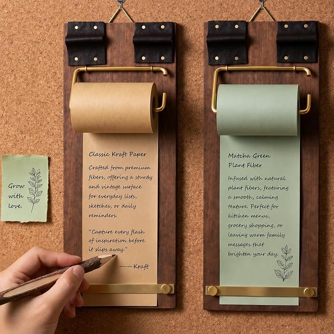 Vintage Wood Clipboard Wall Memo Board, Roller Paper Dispenser & Pen | Includes 2 paper rolls & wooden ballpoint pen, built-in metal cutter. Fits kitchen, café & home office for daily reminders.