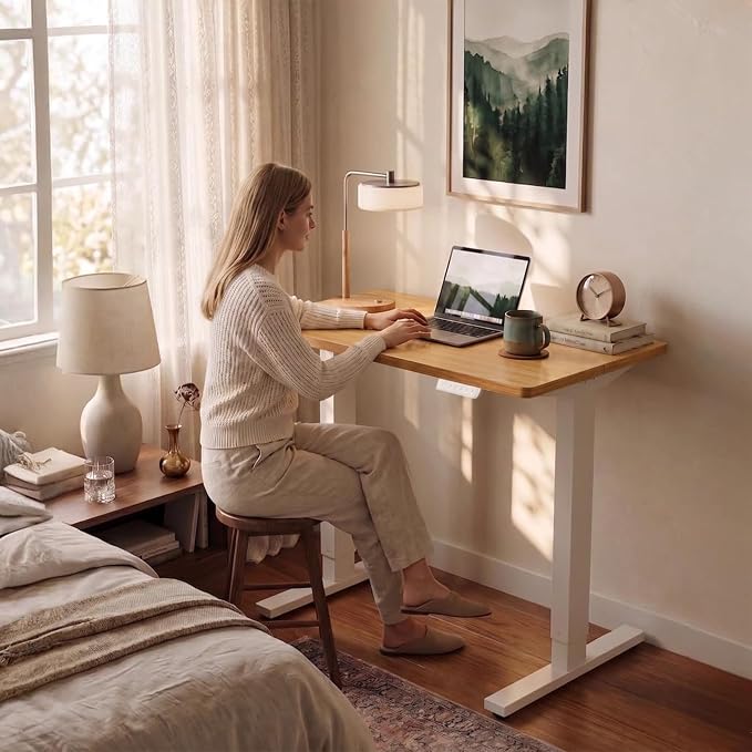 HUANUO 55x28 Inch Electric Standing Desk, Adjustable, Light Vintage Brown | 176 Lbs Capacity, Smooth Home Office Desk, 4 Memory Presets & Headphone Hooks, 28.3–46.5 Inch Height Range, Easy to assemble