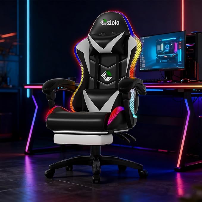 Gaming Chair, RGB LED Lights Computer Chair with Footrest, Lumbar Support Massager Gamer Chair, High Back, 90-135° Reclining, Linkage Armrests, White