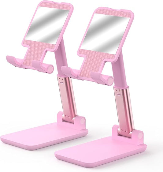 Cell Phone Stand, Adjustable Angle and Height Cell Phone Holder for Desk, Foldable and Portable, Anti-Slip Silicone Pad, Compatible with All Mobile Phones and 4-8 Inch Devices (Pink&Pink)