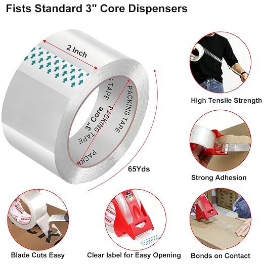 Clear Packing Tape, Heavy Duty Packaging Tape Refills | 6 Rolls, 2 inch x 65 Yards, Shipping Tape Box Tape Mailing Tapes for Packaging Moving Sealing and Storage Boxes, Mens Gifts
