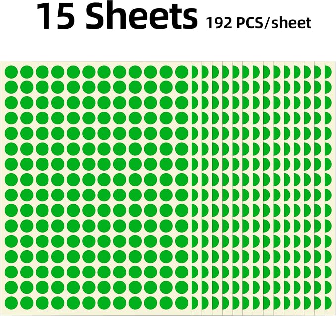 3/8" Small Colored Dot Stickers 2880 PCS Round Circle Stickers Tiny Green Coding Labels Mini Sticker for Office,Classroom (Green, 3/8" (10 mm))