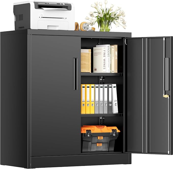 Steel Storage Cabinet with Lock, Lockable Metal Storage Cabinets with 2 Adjustable Shelves, Black Counter Height Garage Cabinet