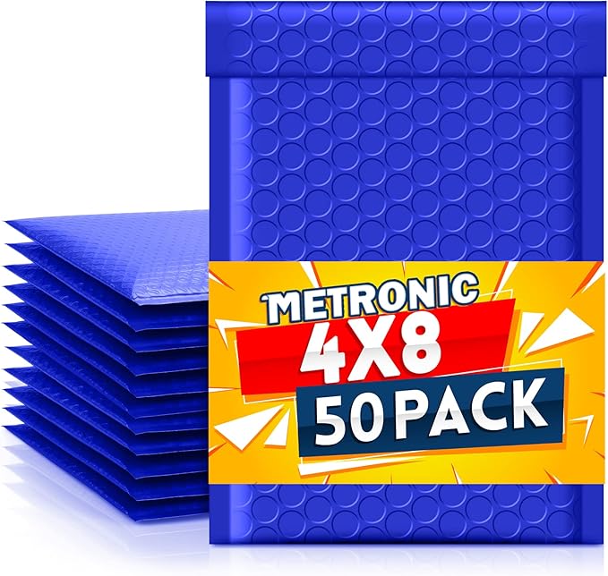 Metronic Bubble Mailers 4x8 Inch 50 Pack Royal Blue Waterproof Padded Envelopes Usable Size 4x7 Self Seal Adhesive Bubble Envelopes Padded Mailers for Small Business Shipping Envelopes for Jewelry
