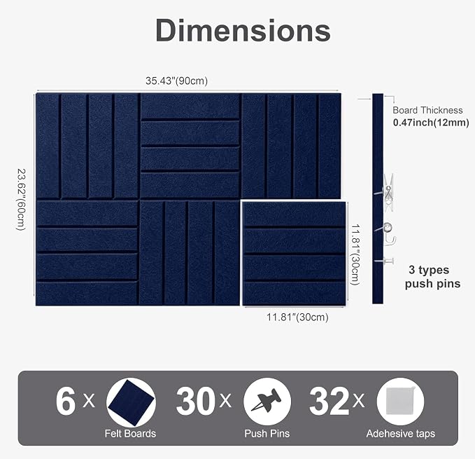 0.47" Thick Felt Wall Tiles 36"x24" Cork Board Alternative 6 Pack 11.81"x11.81"Felt Bulletin Board Pin Board with Removable Adhesive Tape&30 Pushpins for Home Office School(Bold-Dark Blue)