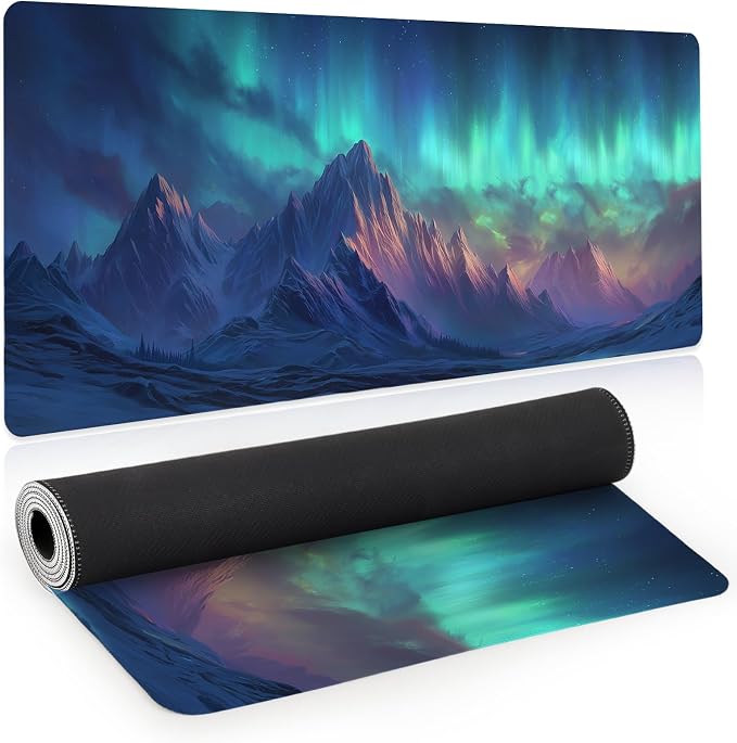 Aurora Borealis Gaming Mouse Pad, XL Large Mousepad Extended Big with Non-Slip Rubber Base Stitched Edges, Desk Mat, Laptop Computer Keyboard Mat, Office&Home, 31.5x11.8in