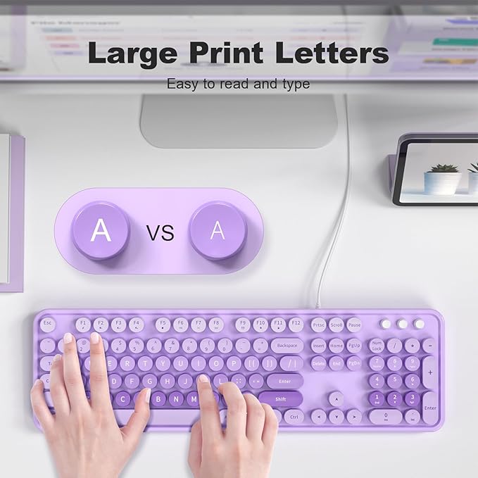 Computer Keyboard Wired, Plug and Play USB Retro Round Typewriter Keyboard, Full Size Wired Keyboard with Foldable Stands for Laptop and Office PC