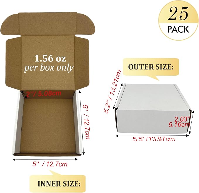 Small Shipping Boxes 5x5x2, Set of 25, White Corrugated Cardboard Box Mailer (YD552-25W)