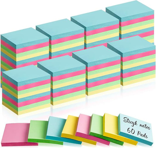 Fainne 60 Pads Sticky Notes Bulk 1.5x2,Simple Style,Classic Color,60 Pads | Bulk Mini Posted Pads, 50 Sheets Each, Self Stick Memo Paper for Office School Notebook, Bright Assorted Colors