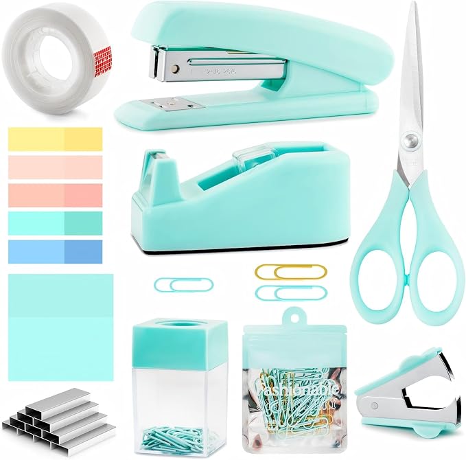 Teal Office Supplies, Teal Office Supplies and Accessories for Kids, Mint Green Stapler and Tape Dispenser Set for Women, Green Office Desk Accessories, Office Gift for Women, Office Lady, Coworkers