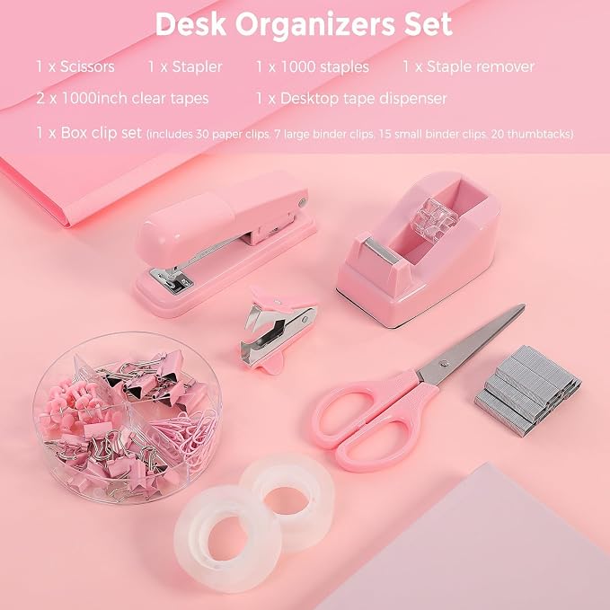SKYDUE Pink Stapler and Tape Dispenser Set, Pink Office Desk Accessories | Pink Office Supplies, Stapler, Tape Dispenser, Scissors, Clips and 1000pcs Staples,Office Supplies for Desk for Women