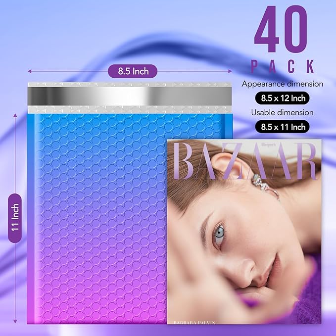 Fuxury Bubble Mailers 8.5x12" 40 Pack Padded Envelopes Usable Size 8.5x11" Thick Mailing Envelopes Bubble Opaque Padded Mailers Shipping Bags for Mailing Jewelry Makeup Small Business #2 BluePurple