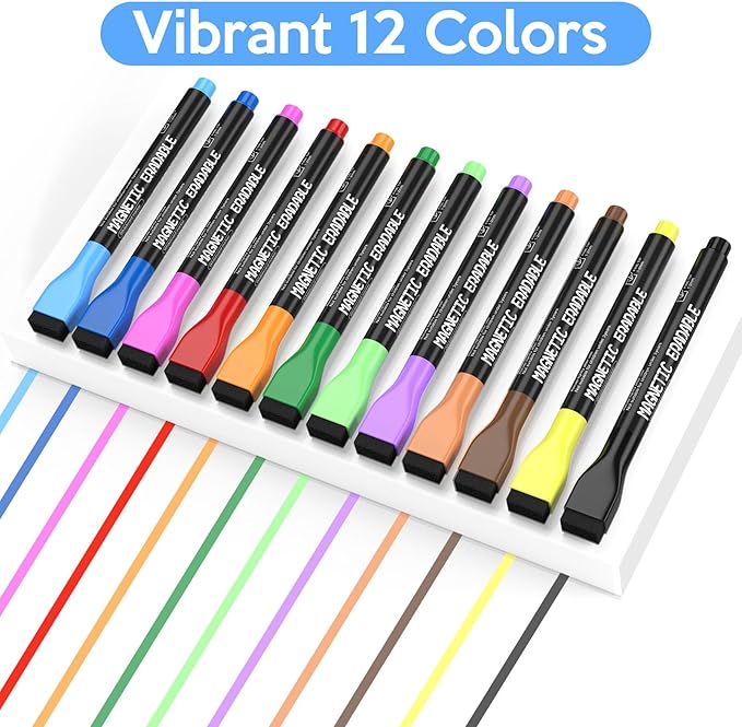 Magnetic Whiteboard Markers, 12pcs Colorful 1mm Fine Tip White Board Pens, Erasable Dry Erase Marker for Office School Home Low Odor Fine Dry Wipe Pen for Dry Erase Boards, Calendars, Mirrors