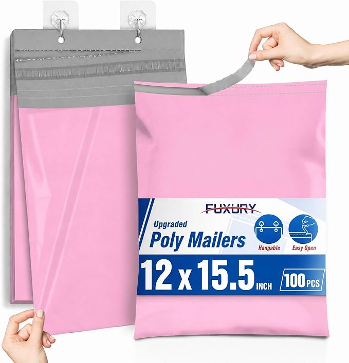 Fuxury Poly Mailers 12x15.5" 100PC Pink Shipping Bags for Clothing with Easy-Open Tear Strip & Easy-Store Hanging Holes, Strong Self-Seal Waterproof Shipping Envelopes Mailing Bags for Small Business