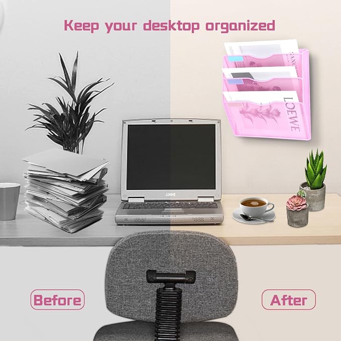 3 Pockets Mesh Wall File Holder Organizer Office Hanging File Folder Magazine Rack, Nametag Label Hooks Set Included (Pink)