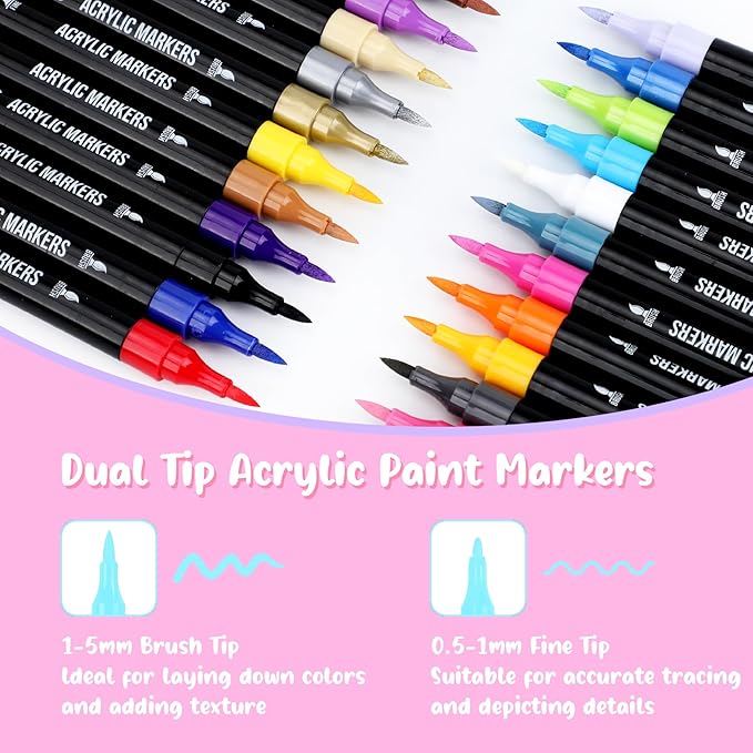 24 Colors Acrylic Paint Markers, Dual Tip with Fine Tip and Brush Tip Pens for Stone, Wood, Calligraphy, Canvas, Ceramic, Metal, Glass, Rock Painting, DIY Crafts