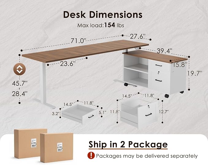 71" L Shaped Electric Standing Desk with Cabinet Sets, Walnut/White | Mobile Drawers & File Cabinet Sets for Flexible Layout, Height Adjustable Executive Stand Up Desk for Home Office Workstation