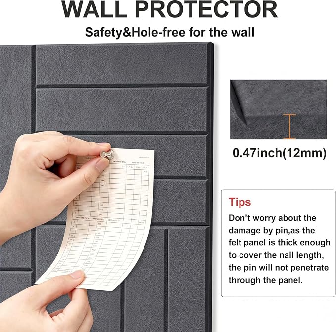 0.47" Thick Felt Wall Tiles 48"x36" Cork Board Alternative 12Pack 11.81"x11.81"Felt Bulletin Board Pin Board with Removable Adhesive tape&60 Pushpins for Home Office School(Bold-Charcoal Grey)