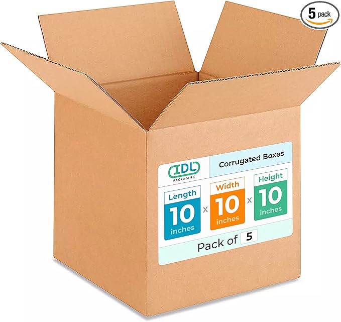 Medium Cube Moving & Shipping Boxes 10 x 10 x 10 inches (5-Pack) - Extra Strength 200 lb vs Regular - USA-Made Corrugated Cardboard Boxes for Delivery - Shipping Box - Corrugated Box by IDL Packaging