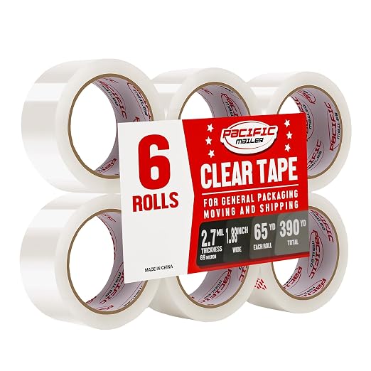 Pacific Mailer Clear Packing Tape, 1.88" x 65 Yards, 2.7 Mil, 6 Rolls Clear | Heavy Duty Strong Adhesive Shipping & Moving Tape for Storage and Warehouse Packaging
