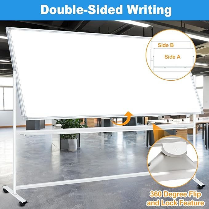 Large Double-Sided Magnetic Mobile Whiteboard 96" x 48", Rolling Whiteboard on Wheels, 8' x 4' Dry Erase Board with Stand for Office, Classroom & Home, 3 Eraser, 6 Markers, 24 Magnets