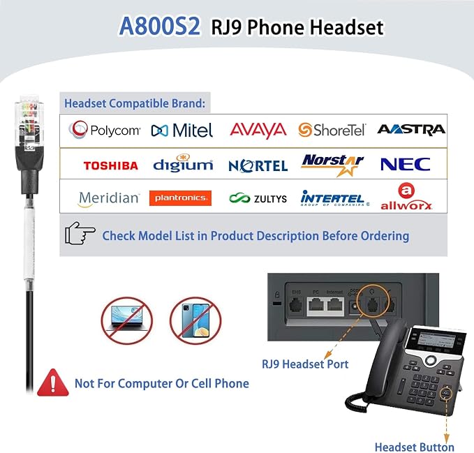 Arama Phone Headset for Office Phones for Polycom & Other IP Phones(A800S2) | Noise-canceling Mic, Metal Headband, Lightweight Design, Plug-and-play, Hands-Free, Call Center, Telemarketing, Office
