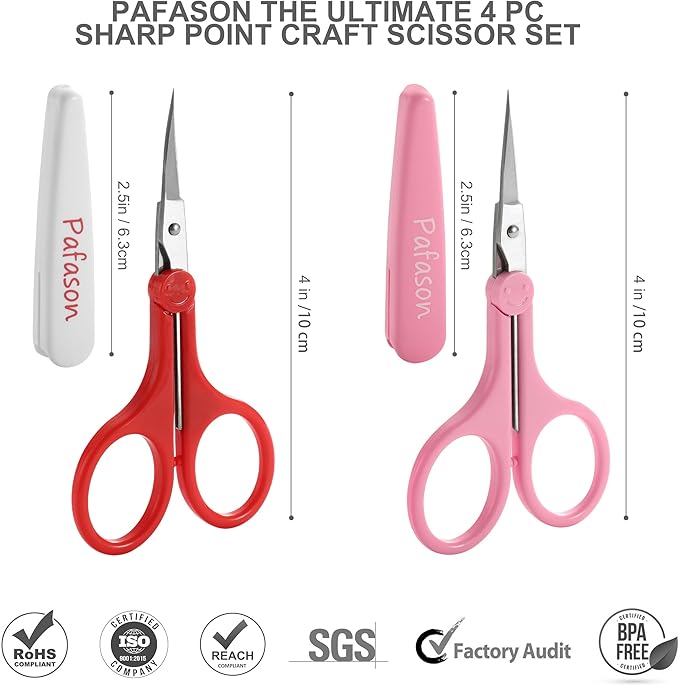 PAFASON Sharp Point Craft Scissor Set 4 PC Straight Curved for Scrapbooking Quilting DIY Sewing Knitting Embroidery Cross Stitch Crochet Thread Yarn Paper Detail Cutting Stainless Steel Safety Case
