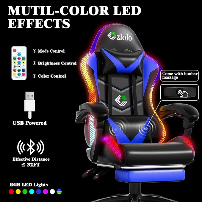 Gaming Chair, RGB LED Lights Computer Chair with Footrest, Lumbar Support Massager Gamer Chair, High Back, 90-135° Reclining, Linkage Armrests, Blue